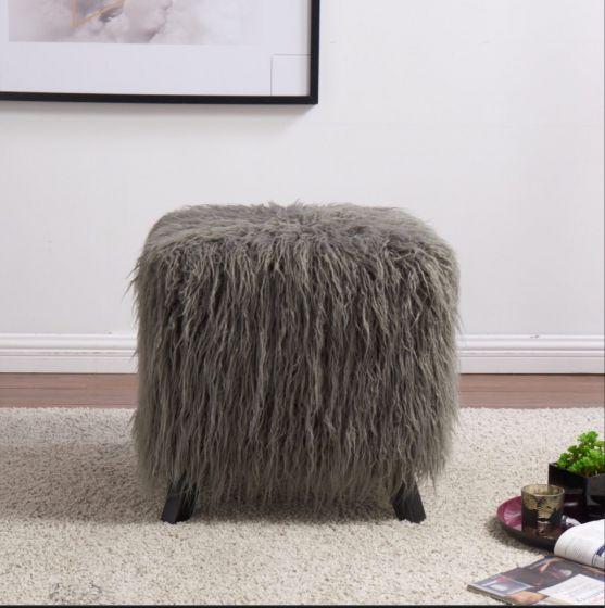 Heavy Shag Faux Sheepskin Cube Stool – Grey, Pink & Teal