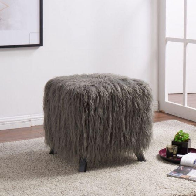 Heavy Shag Faux Sheepskin Cube Stool – Grey, Pink & Teal