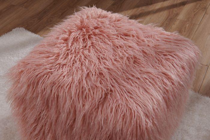Heavy Shag Faux Sheepskin Cube Stool – Grey, Pink & Teal
