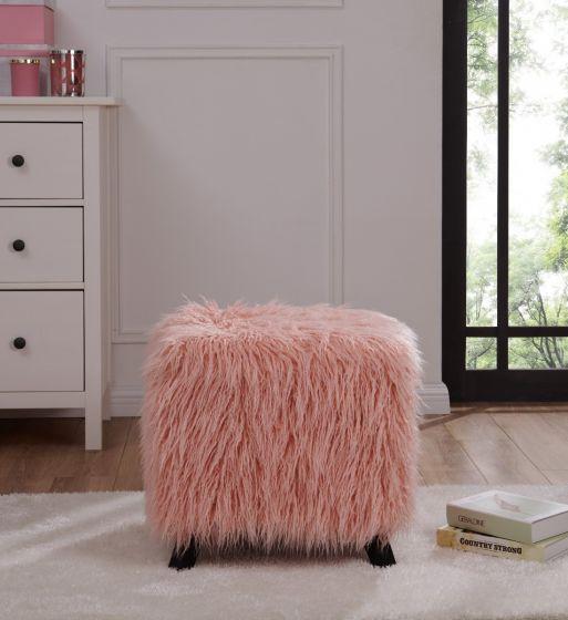 Heavy Shag Faux Sheepskin Cube Stool – Grey, Pink & Teal