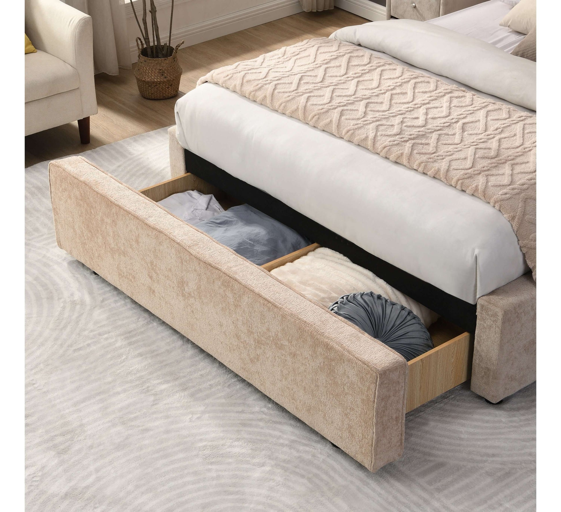 Wicklow Storage Bed – Beige With Built-In Foot-End Drawer