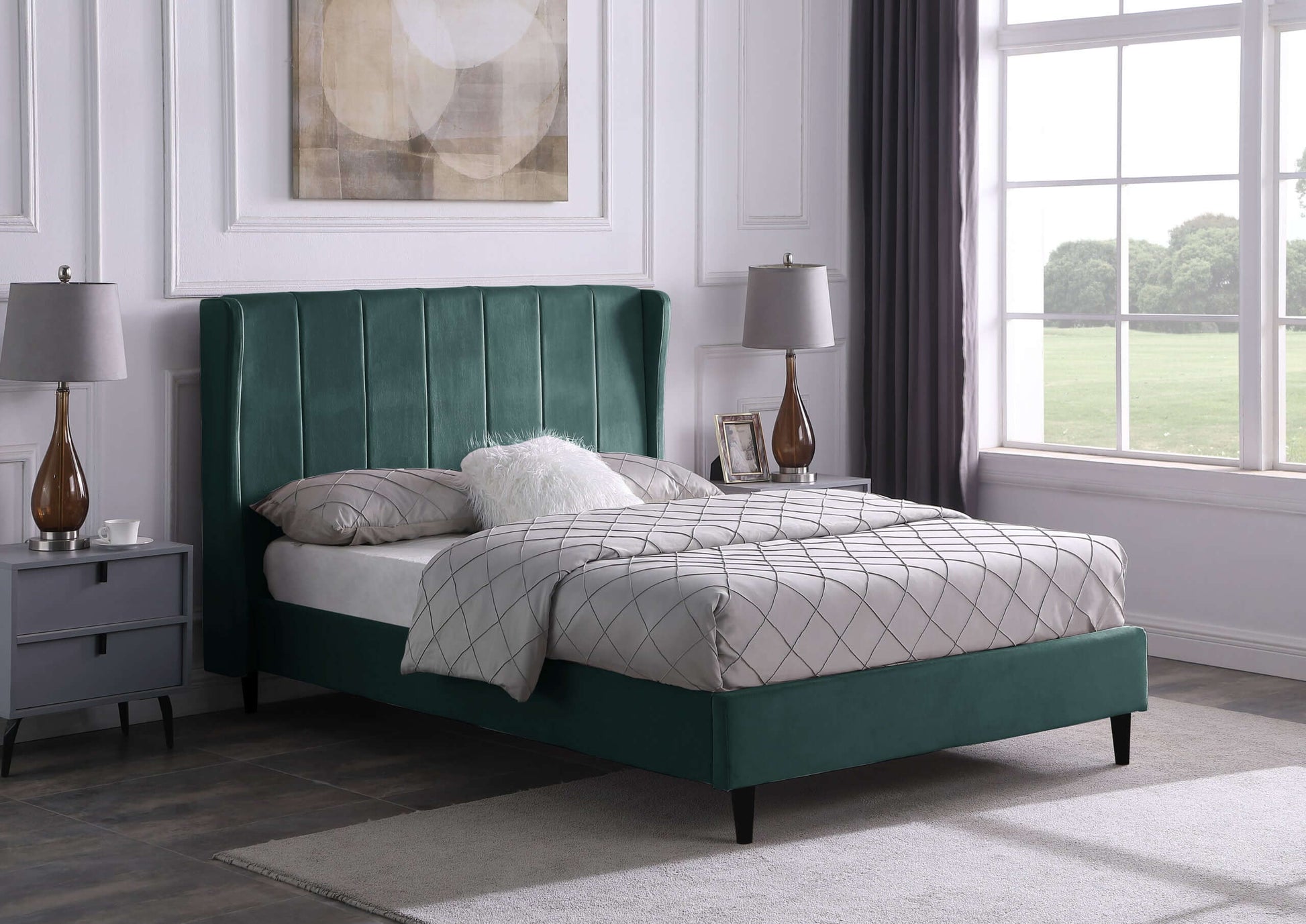 Amelia 4'6" Double  Bed Green Velvet Fabric- The Right Buy Store