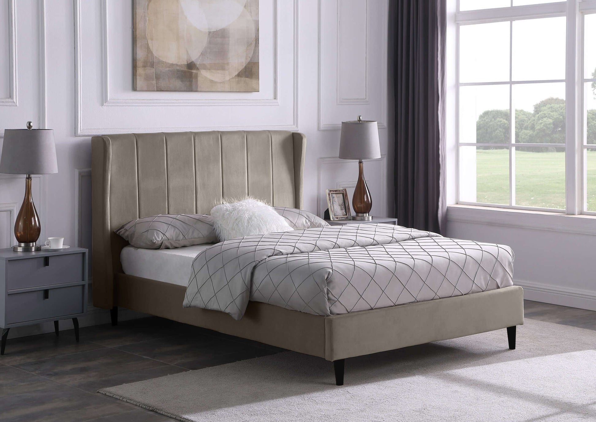 Amelia Double Bed Oyster Velvet Fabric- The Right Buy Store