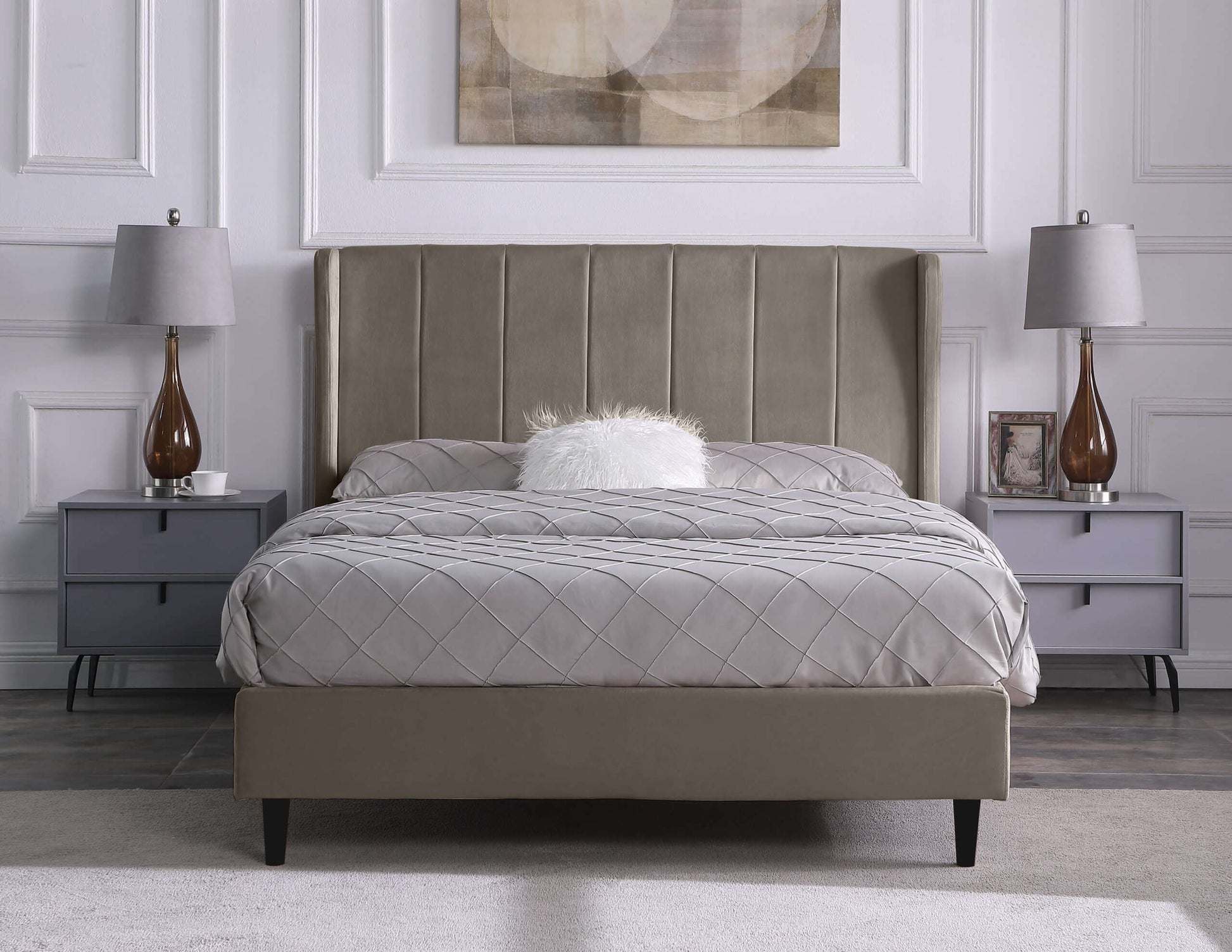 Amelia Double Bed Oyster Velvet Fabric- The Right Buy Store