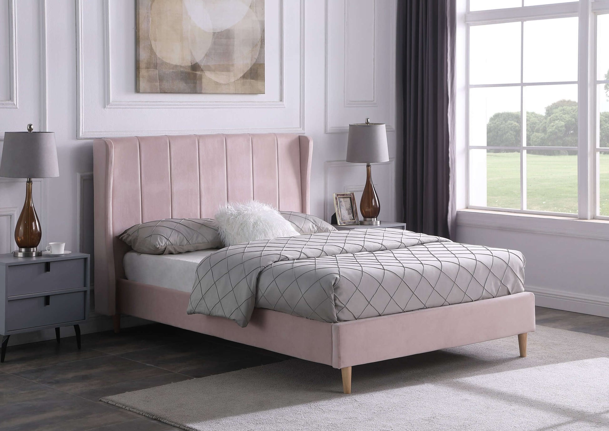 Amelia 4'6" Double Bed Pink Velvet Fabric- The Right Buy Store