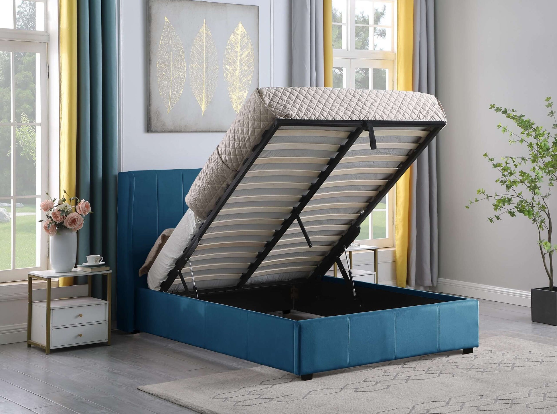 Amelia Plus 4'6" Storage Double Bed Blue Velvet Fabric- The Right Buy Store