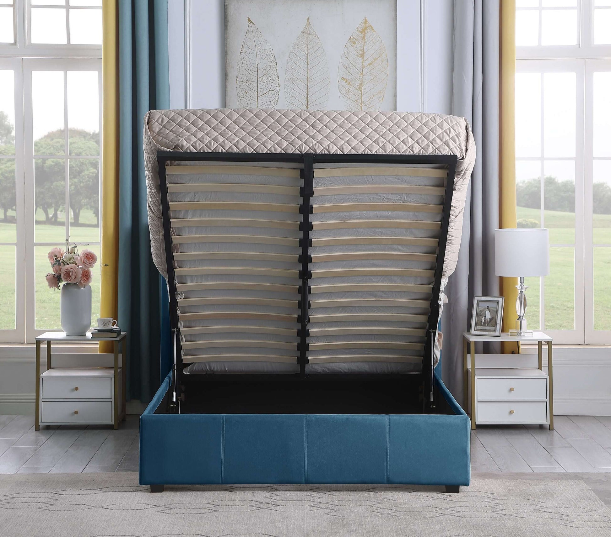 Amelia Plus 4'6" Storage Double Bed Blue Velvet Fabric- The Right Buy Store
