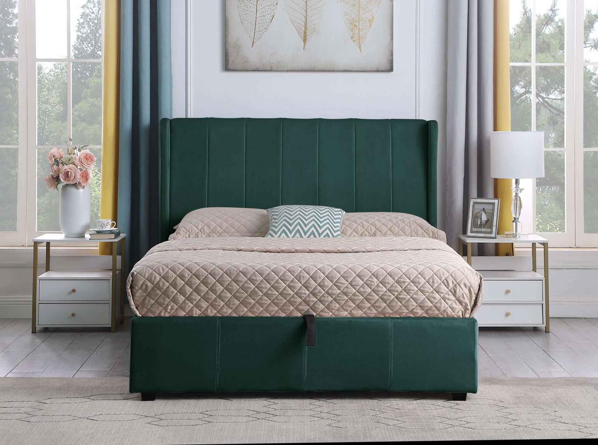 Amelia Plus 4'6" Storage Bed Green Velvet Fabric- The Right Buy Store