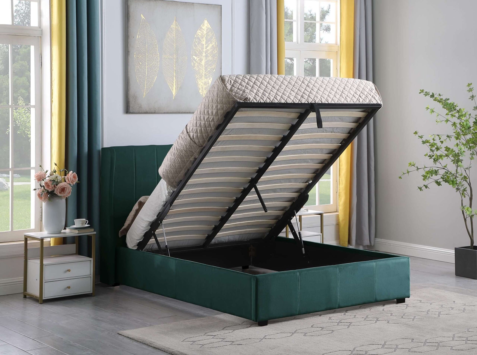 Amelia Plus 4'6" Storage Bed Green Velvet Fabric- The Right Buy Store