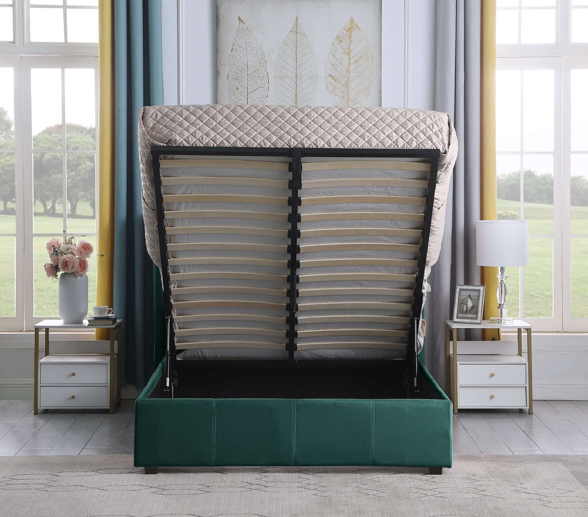 Amelia Plus 4'6" Storage Bed Green Velvet Fabric- The Right Buy Store