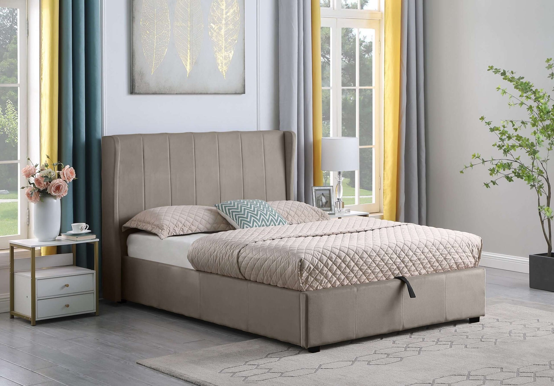 Amelia Plus 4'6" Storage Bed Oyster Velvet Fabric- The Right Buy Store