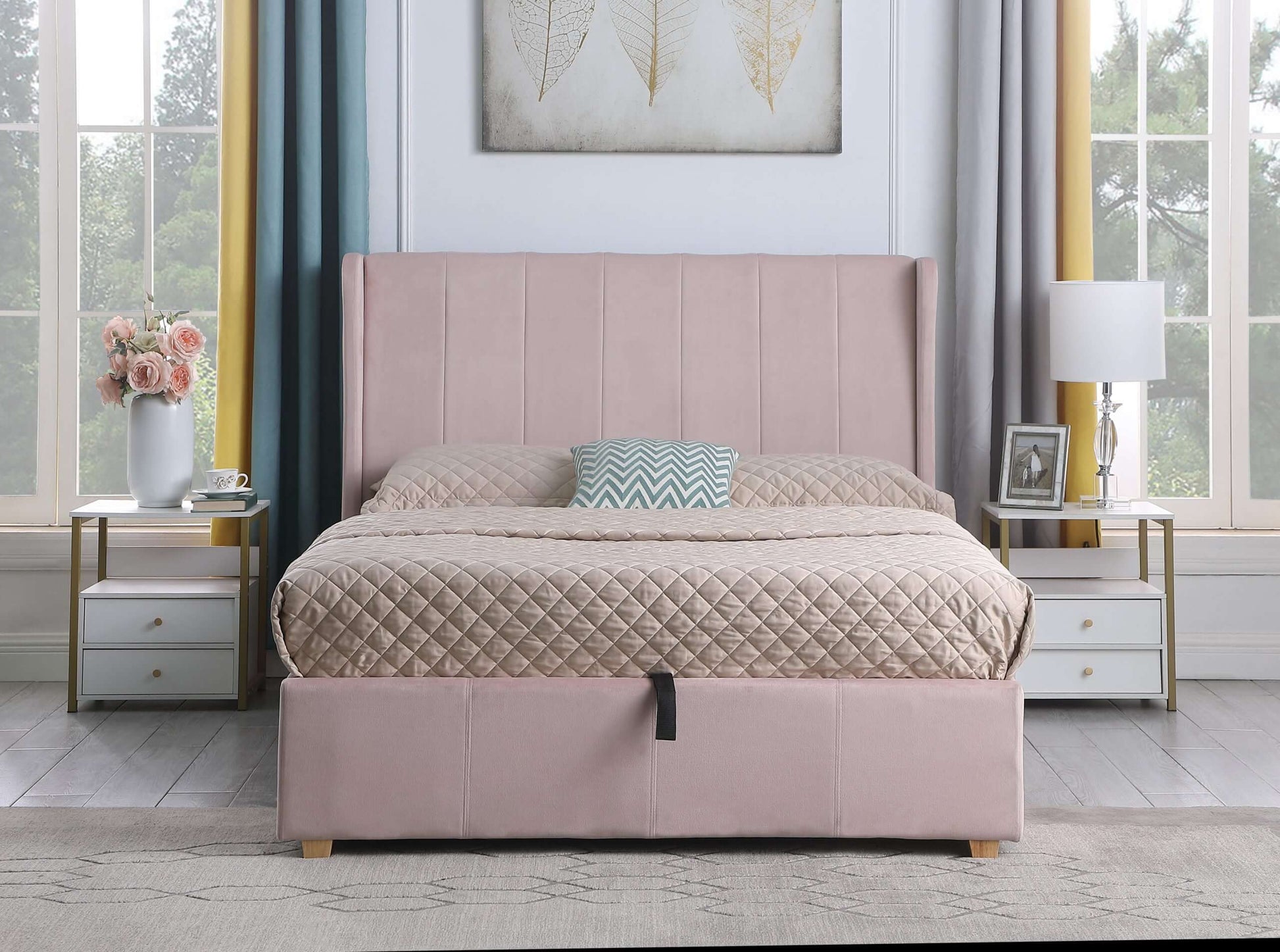Amelia Plus 5' Storage Bed - Pink Velvet Fabric - The Right Buy Store