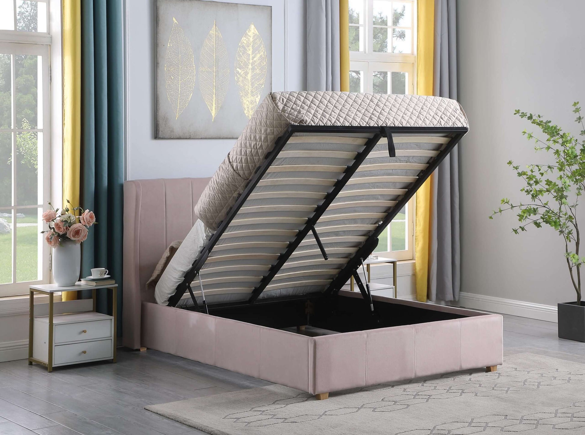 Amelia Plus 4'6" Storage Bed Pink Velvet Fabric- The Right Buy Store