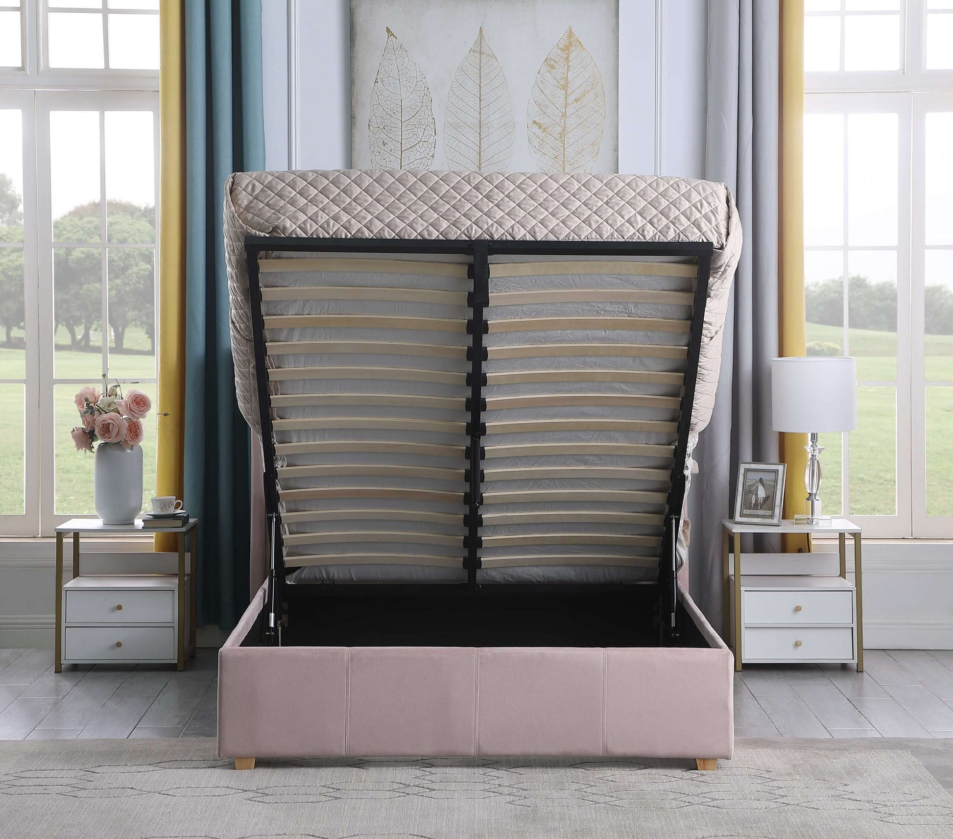 Amelia Plus 4'6" Storage Bed Pink Velvet Fabric- The Right Buy Store