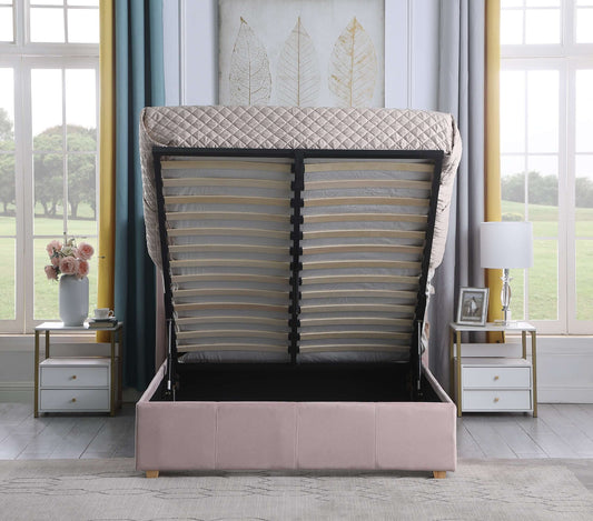 Amelia Plus 4'6" Storage Bed Pink Velvet Fabric- The Right Buy Store