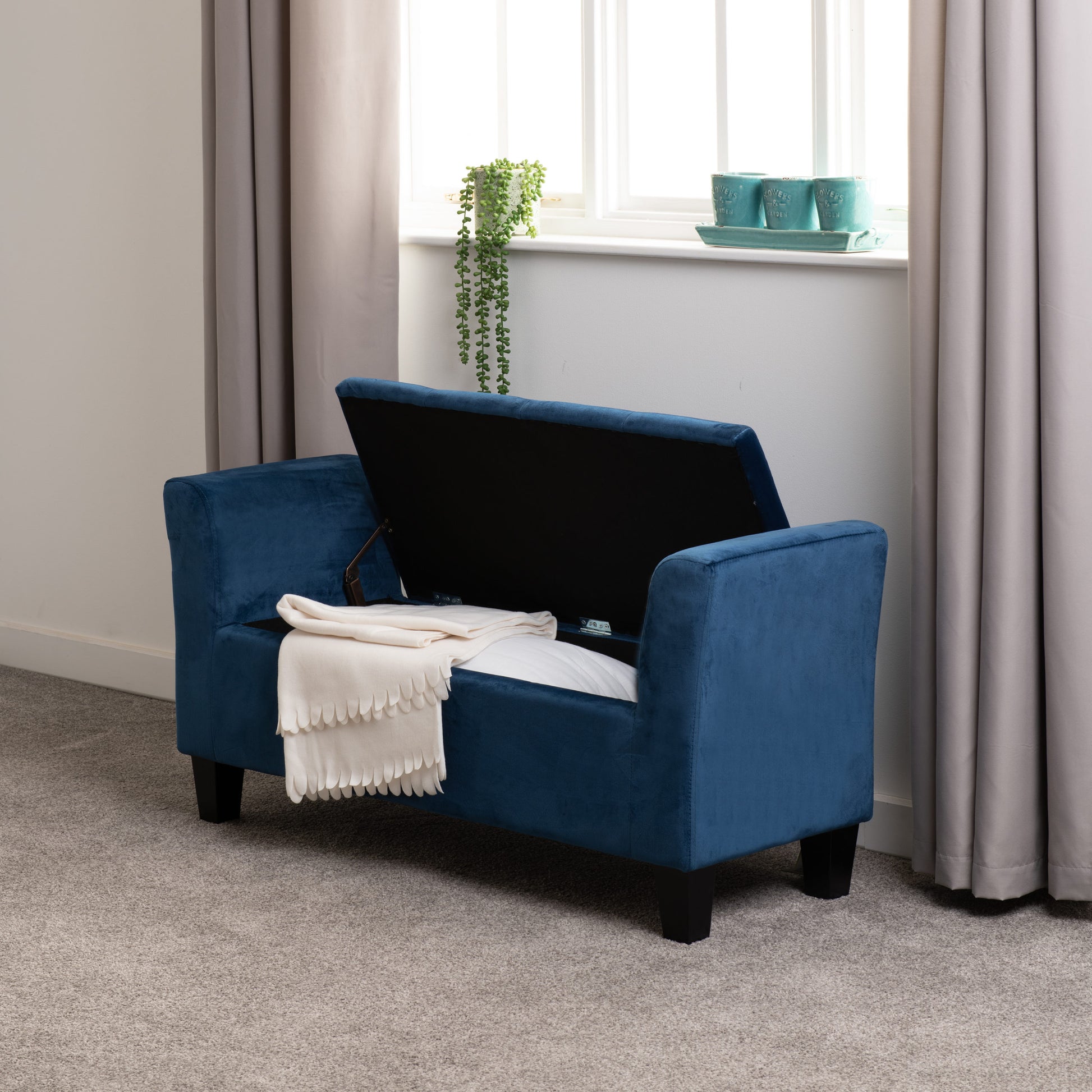 Amelia Storage Ottoman Blue Velvet Fabric- The Right Buy Store