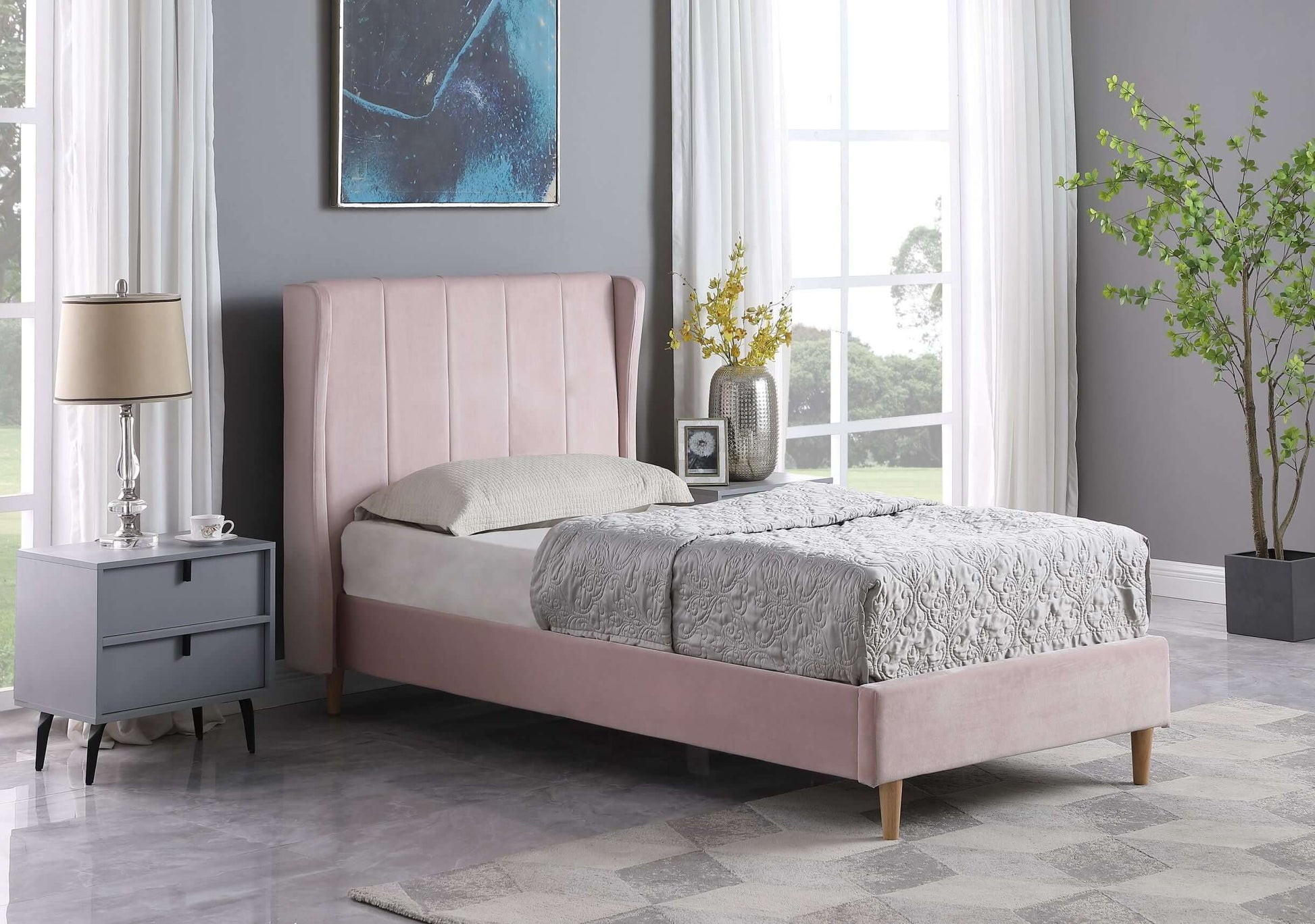 Amelia 3' Single Bed - Pink Velvet Fabric- The Right Buy Store