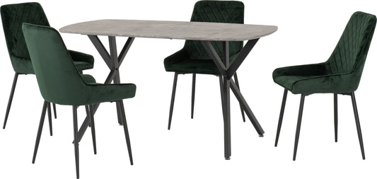 Athens Rectangular Dining Set with Avery Chairs- Concrete Effect/Black/Emerald Green Velvet