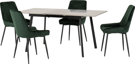 Avery Extending Dining Set with Avery Chairs - Concrete/Grey Oak Effect/Emerald Green Velvet