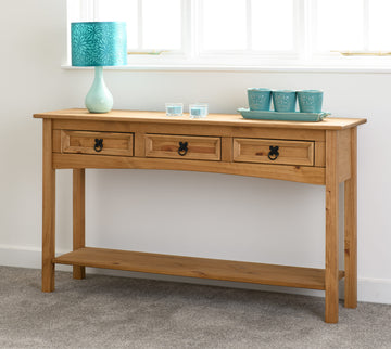 Corona 3 Drawer Console Table With Shelf - Distressed Waxed Pine