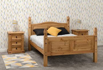 Corona 4'6" Double Bed High Foot End - Distressed Waxed Pine