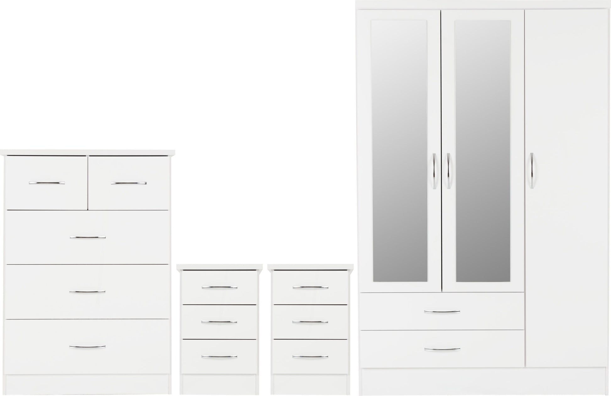 Nevada 3 Door 2 Drawer Mirrored Wardrobe Bedroom Set - White Gloss