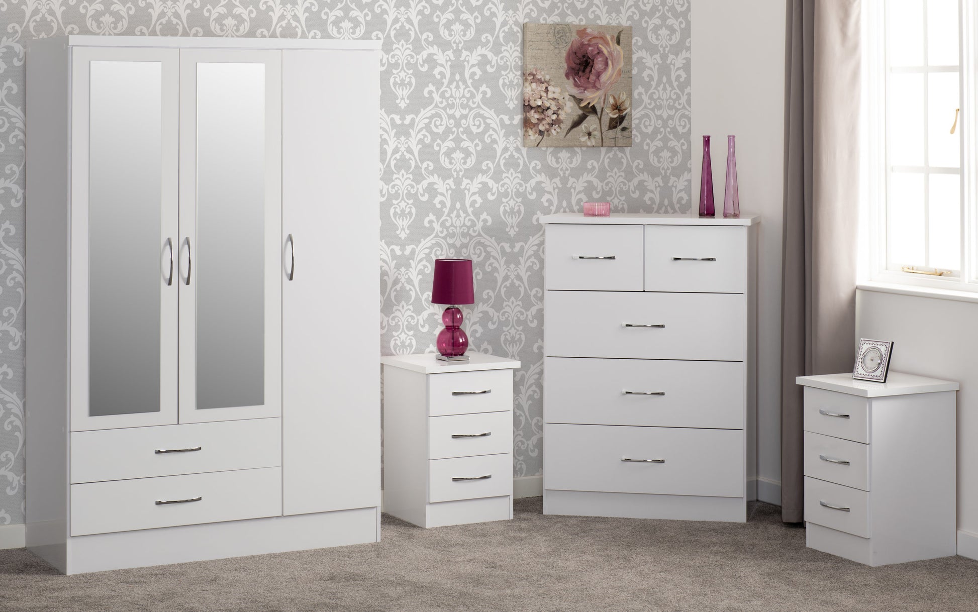 Nevada 3 Door 2 Drawer Mirrored Wardrobe Bedroom Set - White Gloss