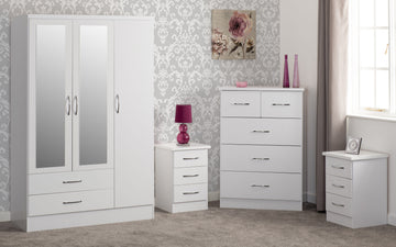Nevada 3 Door 2 Drawer Mirrored Wardrobe Bedroom Set - White Gloss