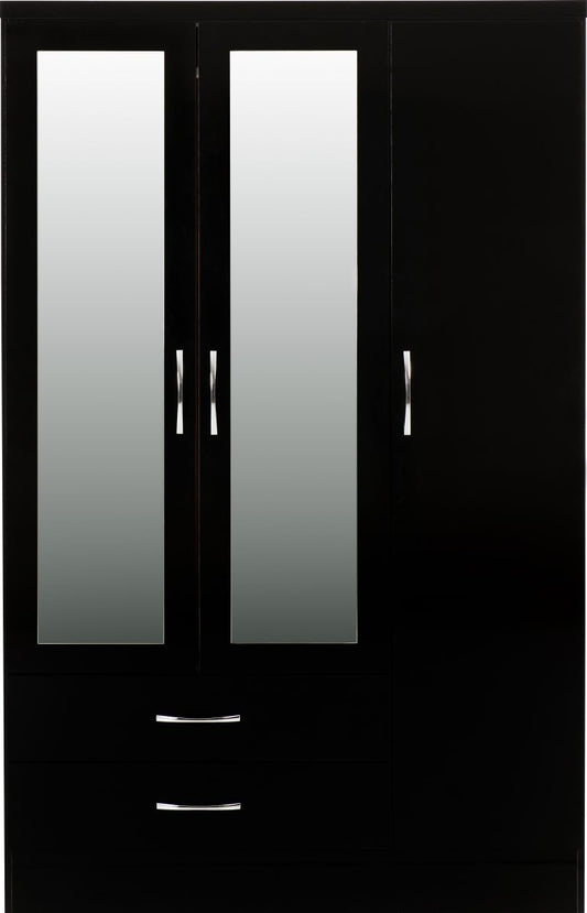 Nevada 3 Door 2 Drawer Mirrored Wardrobe - Black Gloss
