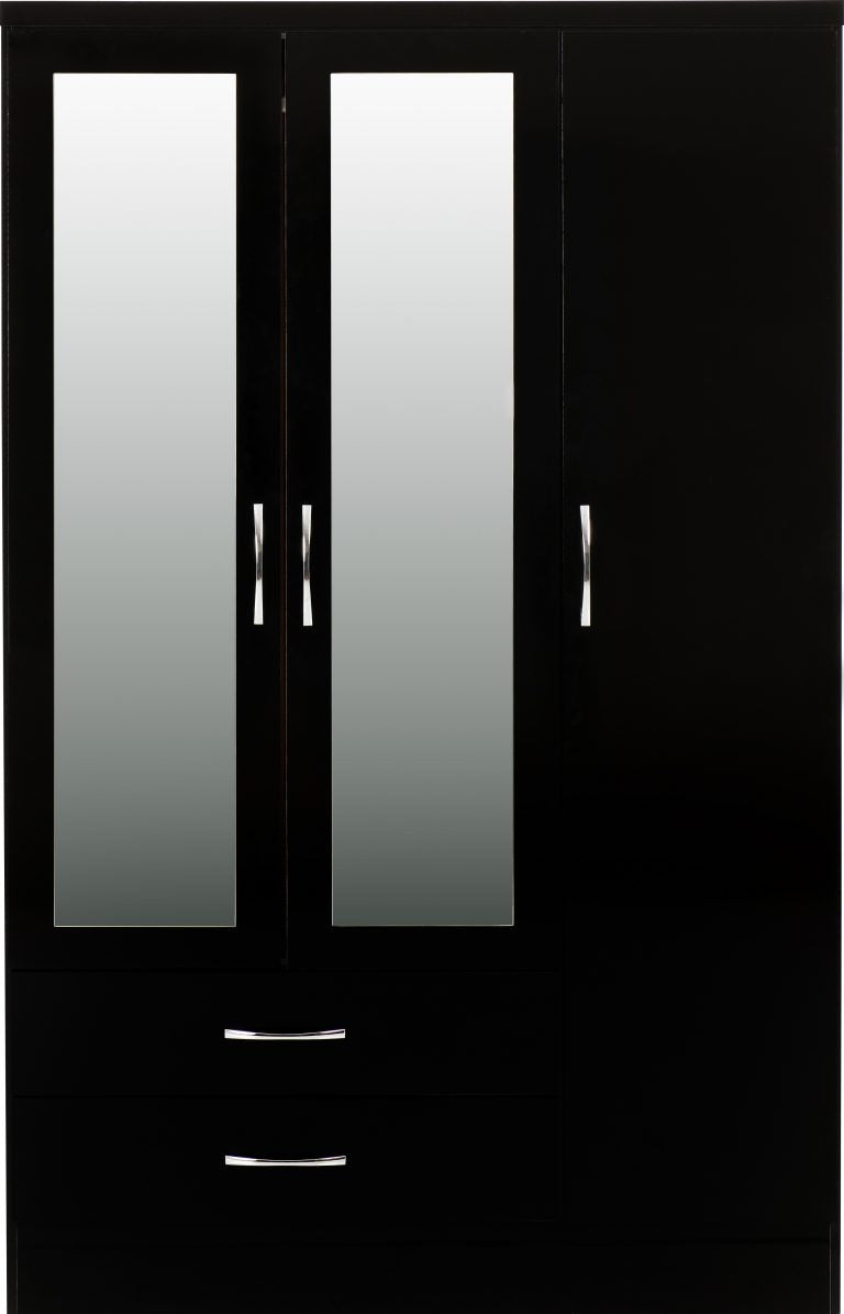 Nevada 3 Door 2 Drawer Mirrored Wardrobe  - Black Gloss