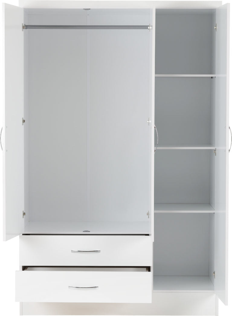 Nevada 3 Door 2 Drawer Mirrored Wardrobe  - White Gloss