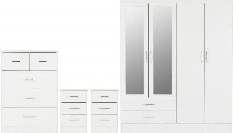 Nevada 4 Door 2 Drawer Mirrored Wardrobe Bedroom Set White Gloss- The Right Buy Store