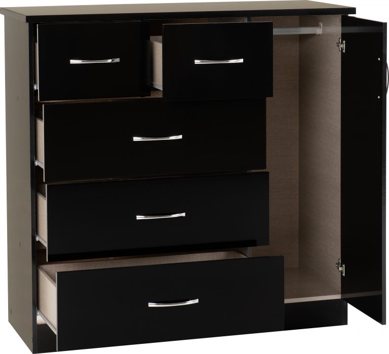 Nevada 5 Drawer Low Wardrobe - Black Gloss