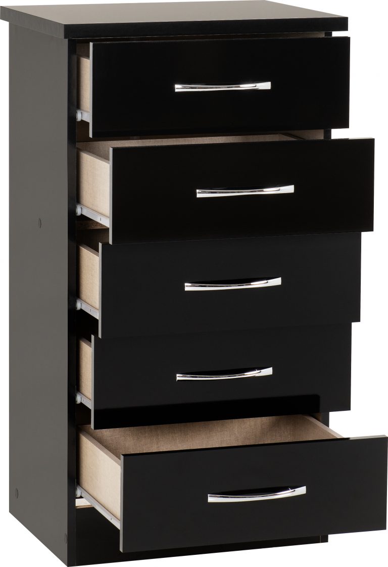 Nevada 5 Drawer Narrow Chest - Black Gloss