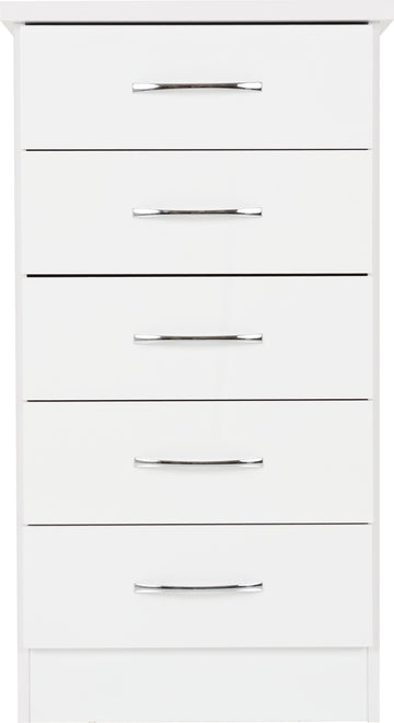 Nevada 5 Drawer Narrow Chest- White Gloss