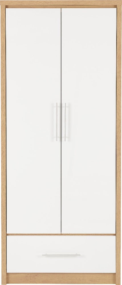 Seville 2 Door 1 Drawer Wardrobe - White High Gloss/Light Oak Effect Veneer