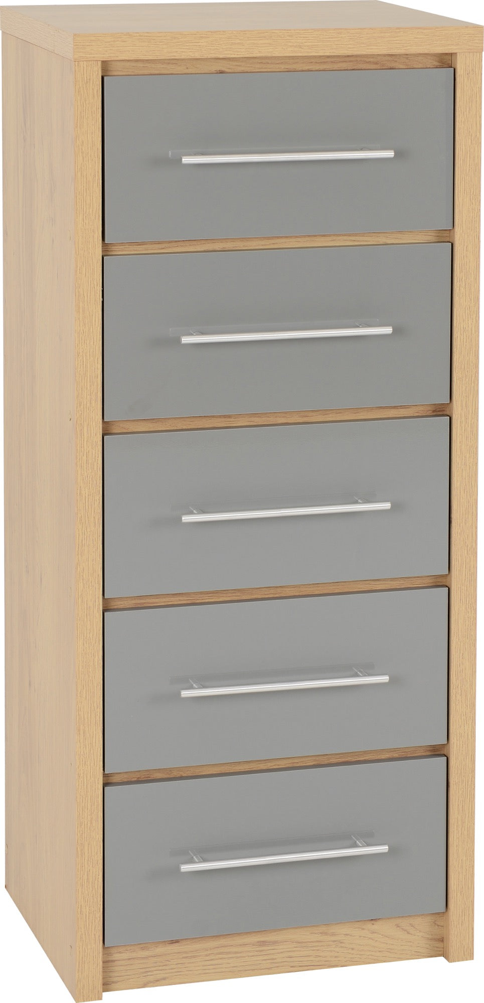 Seville 5 Drawer Narrow Chest - Grey High Gloss/Light Oak Effect Veneer