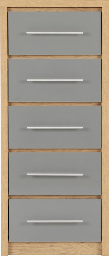 Seville 5 Drawer Narrow Chest - Grey High Gloss/Light Oak Effect Veneer
