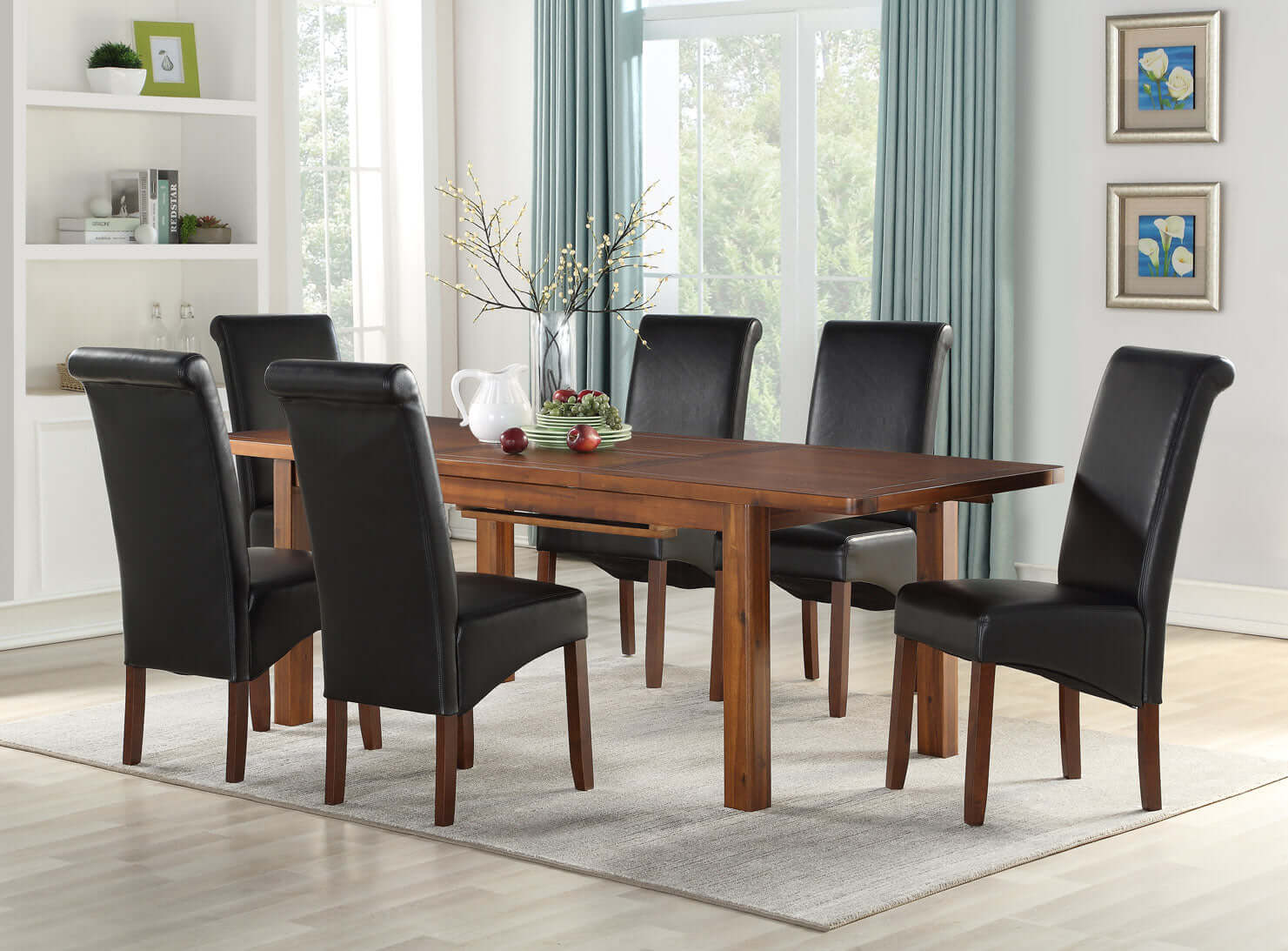 Andorra Acacia 120cm Extension Dining Set - 4 Sophie Black Chairs