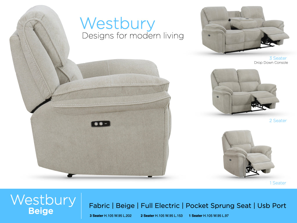 Westbury 3+1+1 Electric Reclining Sofas- Beige