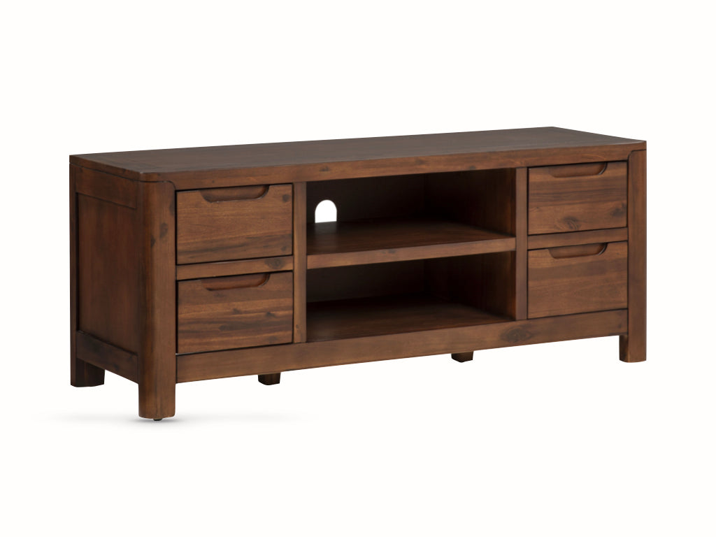 Monterey acacia straight TV unit, angled view