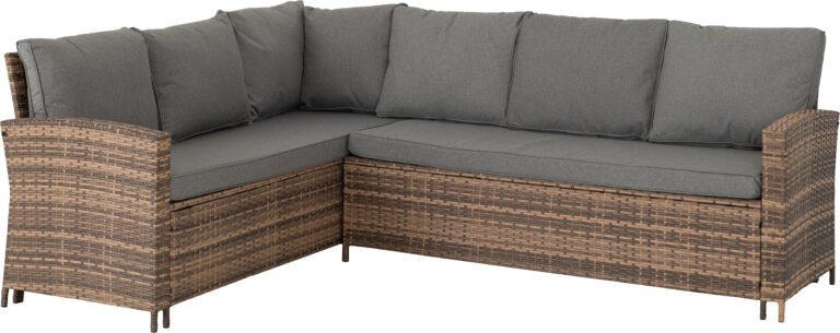 Sectional outdoor sofa with wicker frame and gray cushions on a white background