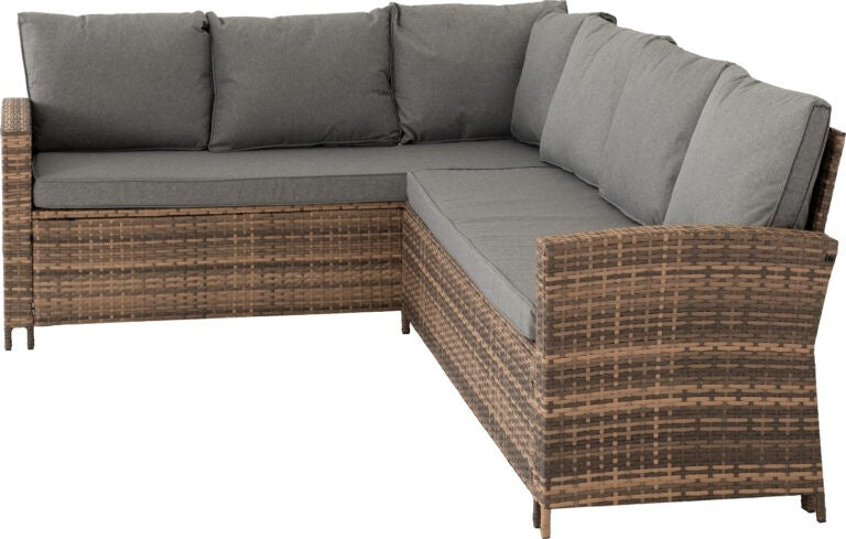 Sectional outdoor sofa with wicker frame and gray cushions on a white background
