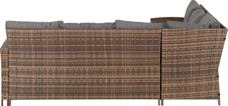 Brown wicker outdoor sofa with gray cushions on a white background