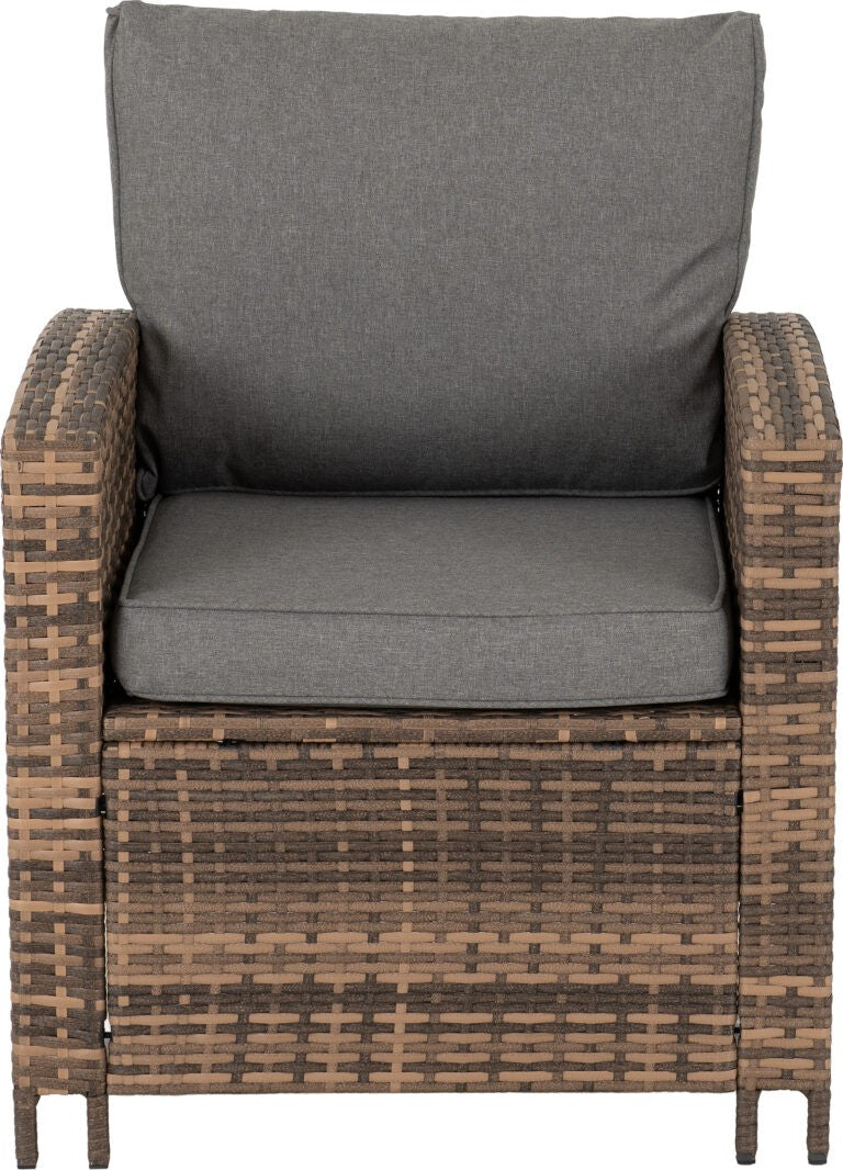 Chair with wicker frame and gray cushions on a white background