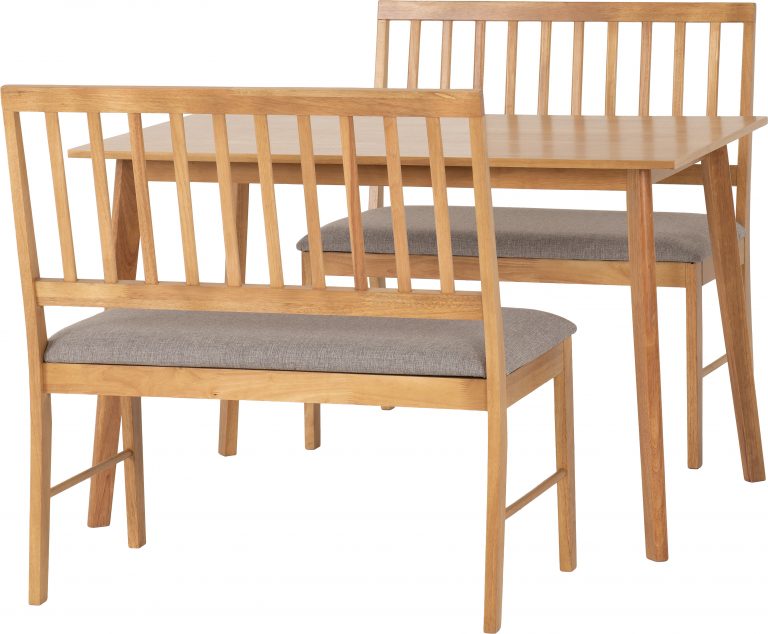 Wooden dining set with bench and chairs on a white background