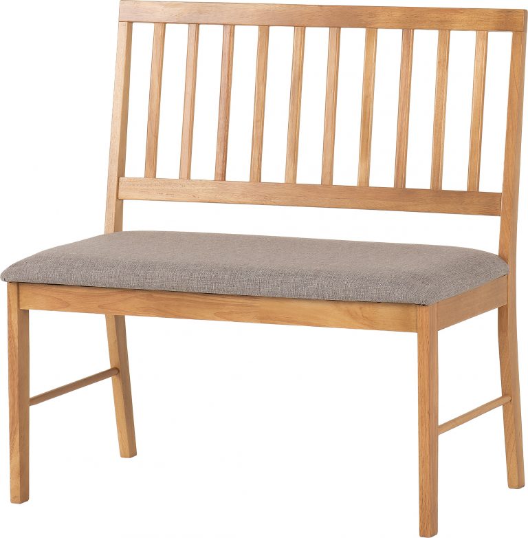 Wooden bench with a gray cushion on a white background