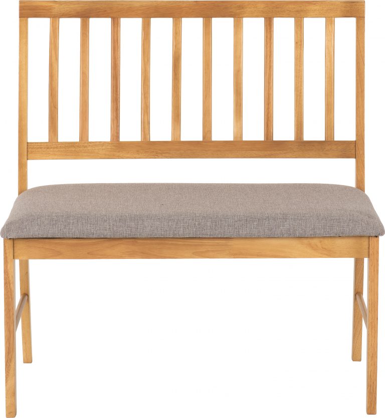 Wooden bench with a gray cushion on a white background