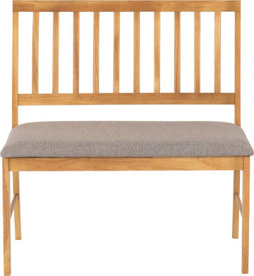 Wooden bench with a gray cushion on a white background