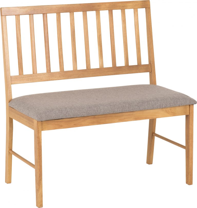 Wooden bench with a gray cushion on a white background